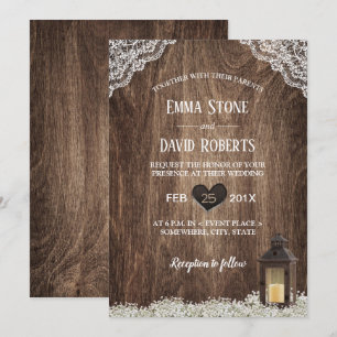Invitation Mariage Bois Rustique Lanterne & Baby's Breath