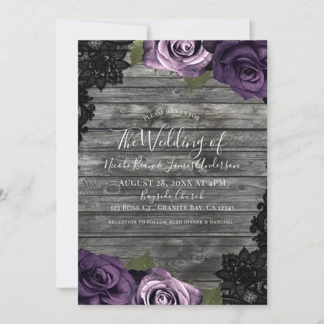 Invitation Mariage Bois Rustique Roses Lace Noir Deep Purple (Devant)