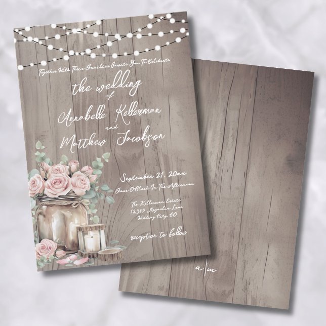 Invitation Mariage Bois Rustique Roses Roses Fardées Campagna (Country Blush Pink Roses Rustic Wood Wedding Invitation)