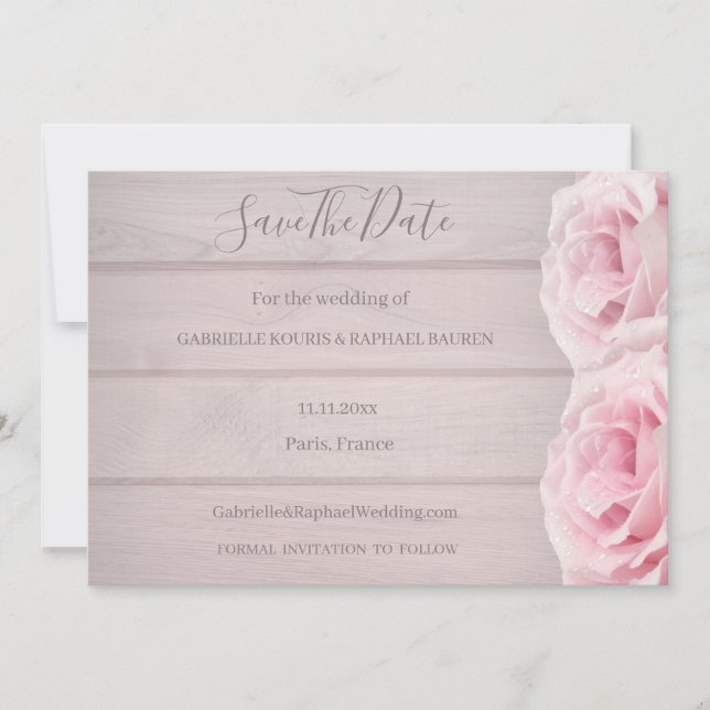 Invitation Mariage Bois Rustique Roses Roses Réelles Enregist (Devant)