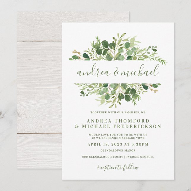 Invitation Mariage Bois Rustique & Verdure d'Eucalyptus (Devant / Derrière)