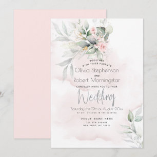 Invitation Mariage   Bois vert rose pâle rose