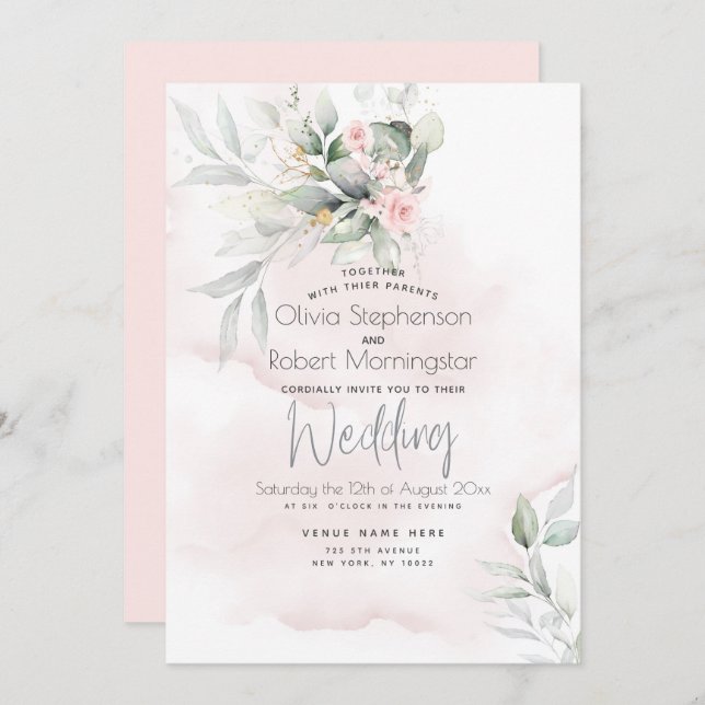 Invitation Mariage | Bois vert rose pâle rose (Devant / Derrière)