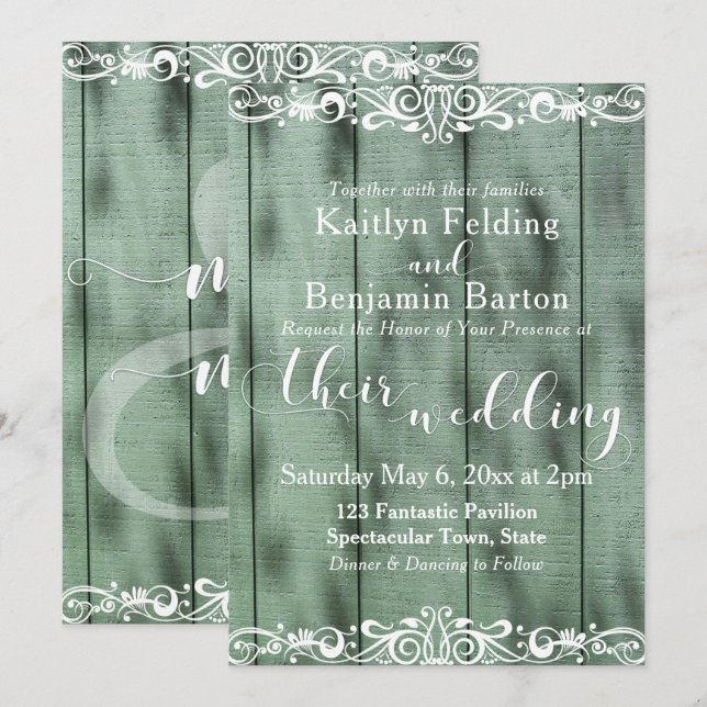 Invitation Mariage Bois Vert Rustique Blanc 2 (Devant / Derrière)