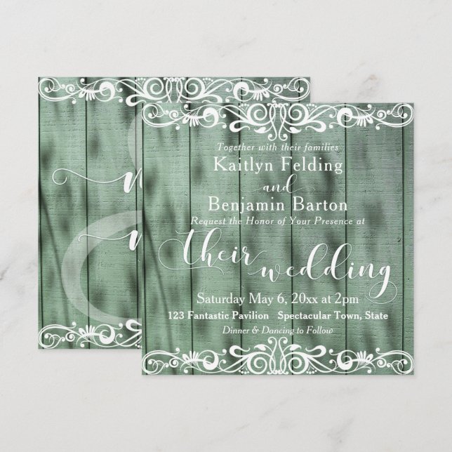 Invitation Mariage Bois Vert Rustique Blanc 2b (Devant / Derrière)
