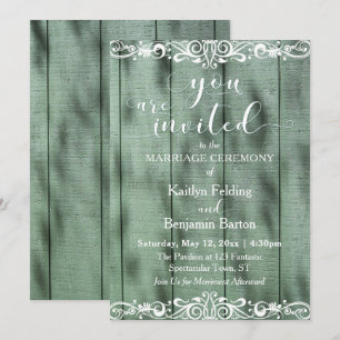 Invitation Mariage Bois Vert Rustique Broderie Blanche