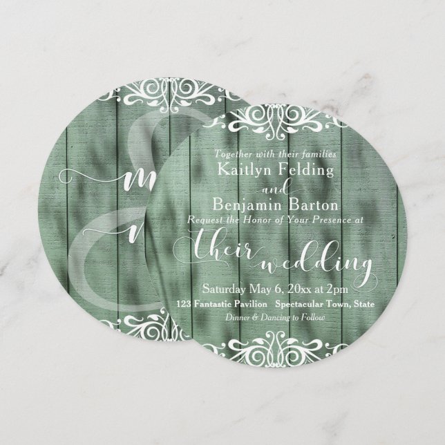 Invitation Mariage Bois Vert Rustique Fleurs en Volute 2c (Devant / Derrière)