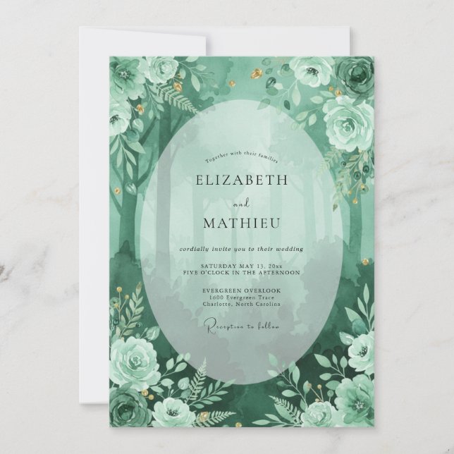 Invitation Mariage Boisé Atmosphérique Vert Émeraude (Devant)