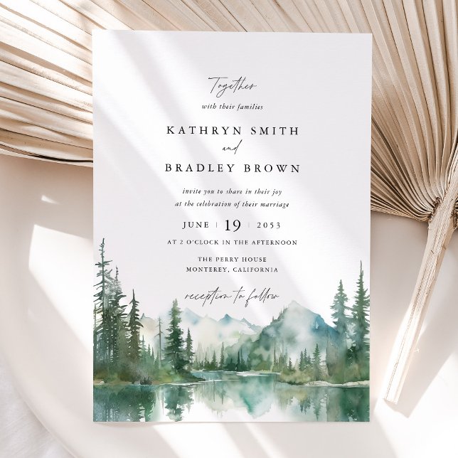 Invitation Mariage Boisé au Lac de Montagne (Mountain Lake Wedding Invitation with Photo Back, Watercolor Forest Woodland Wedding Invitation)