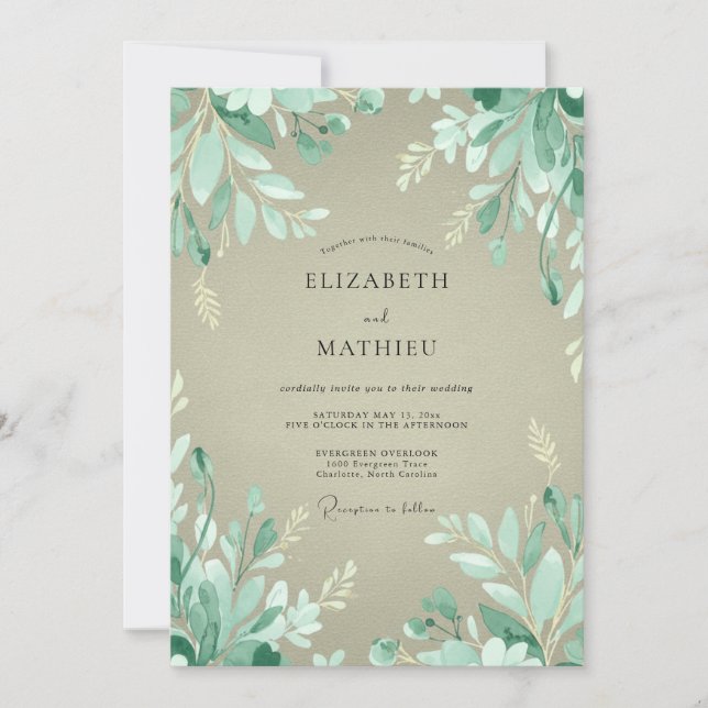 Invitation Mariage Boisé Feuillu Vert Menthe (Devant)