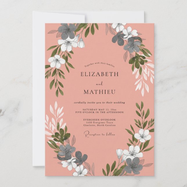 Invitation Mariage Boisé Illustratif Rose Saumon (Devant)