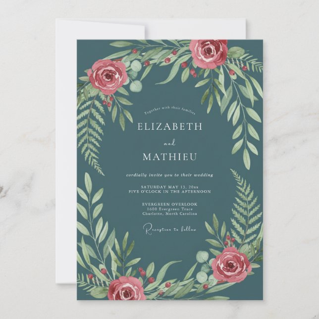 Invitation Mariage Boisé Luxuriant Bleu Canard (Devant)