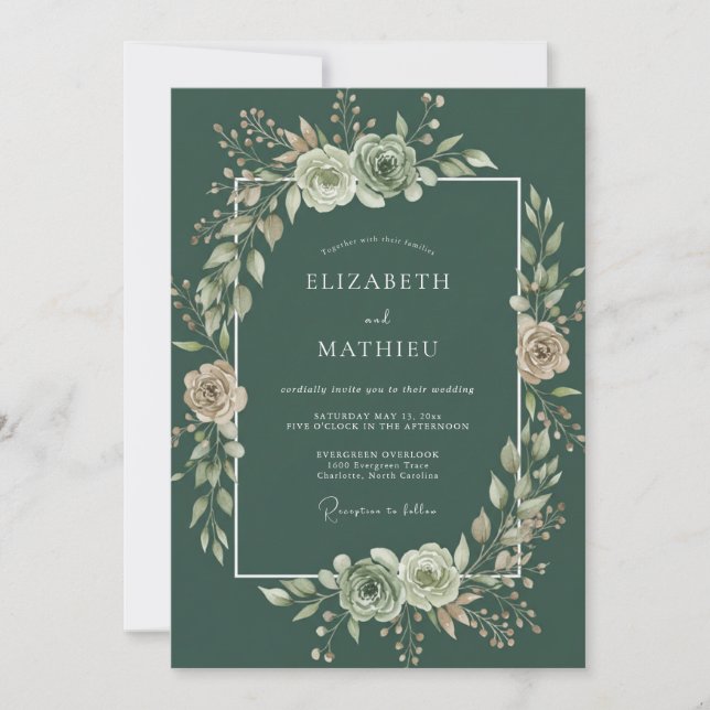 Invitation Mariage Boisée Assourdi de Genévrier Vert (Devant)