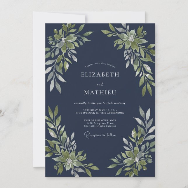 Invitation Mariage Boisée Polie Bleu Nuit (Devant)