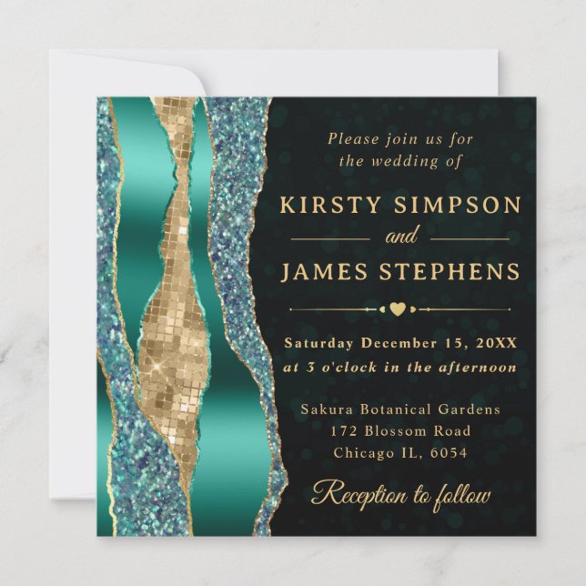 Invitation Mariage Bokeh Larmes Glam Teal et Or (Devant)