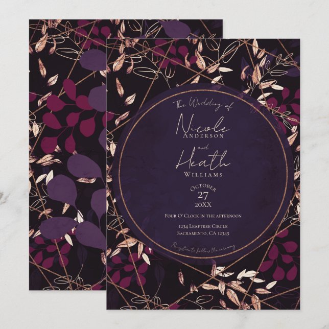 Invitation Mariage Bold Dark Floral Pourpre Bronze Baie (Devant / Derrière)