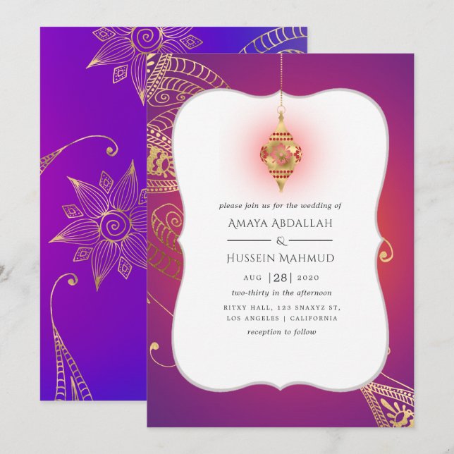 Invitation Mariage Bollywood Arabe Feuille D'Or (Devant / Derrière)
