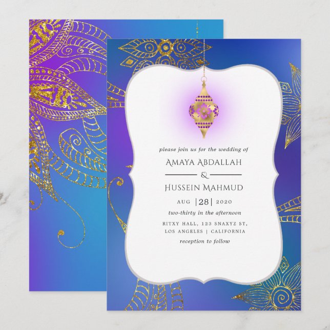 Invitation Mariage Bollywood Arabe Feuille D'Or (Devant / Derrière)