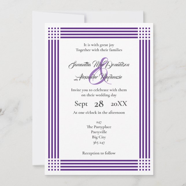 Invitation Mariage bordé de violet et blanc (Devant)