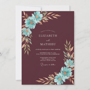 Invitation Mariage Bordeaux Aqua Feuillu