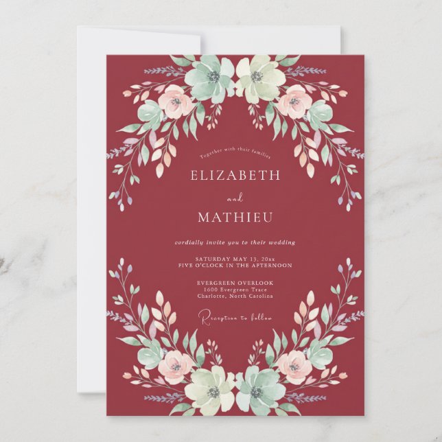 Invitation Mariage bordeaux Aqua Ranunculus Eucalyptus atténu (Devant)