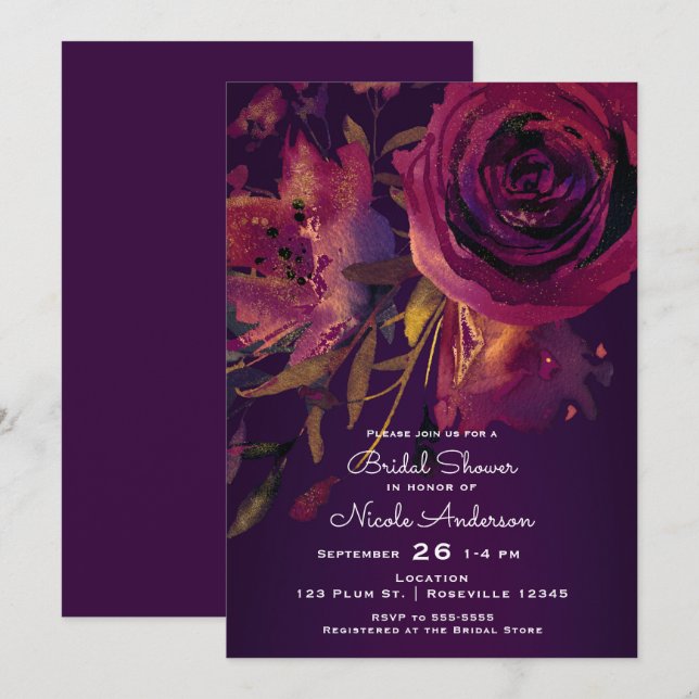 Invitation Mariage Bordeaux Fleur Rose Pourpre (Devant / Derrière)
