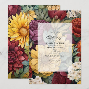 Invitation Mariage bordeaux, jaune moutarde et vert olive