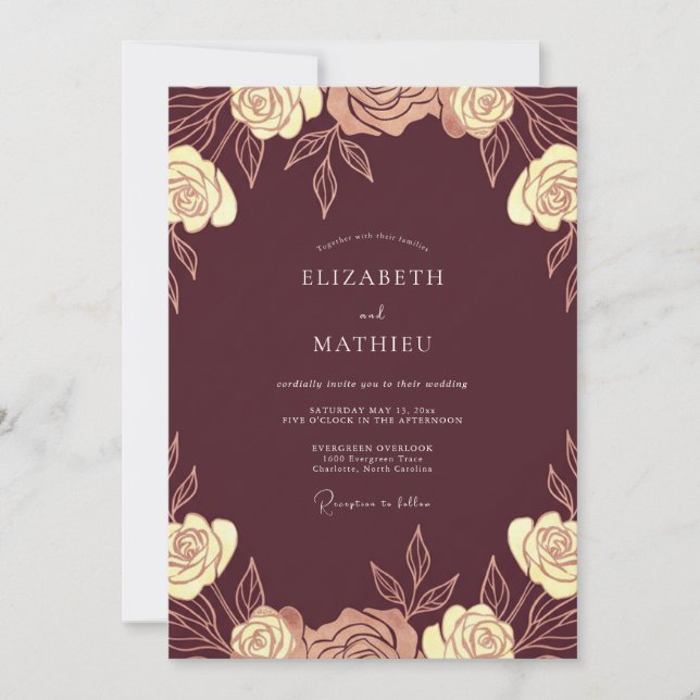 Invitation Mariage Bordeaux Or Rose (Devant)