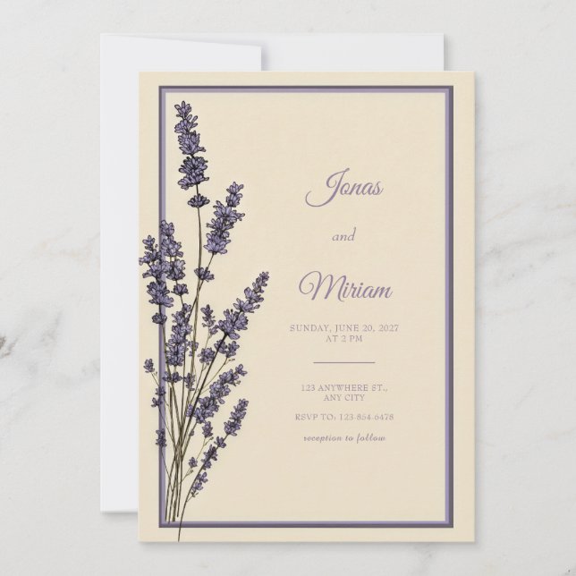Invitation Mariage Bordure de Crème à la Lavande Gravée Vinta (Devant)