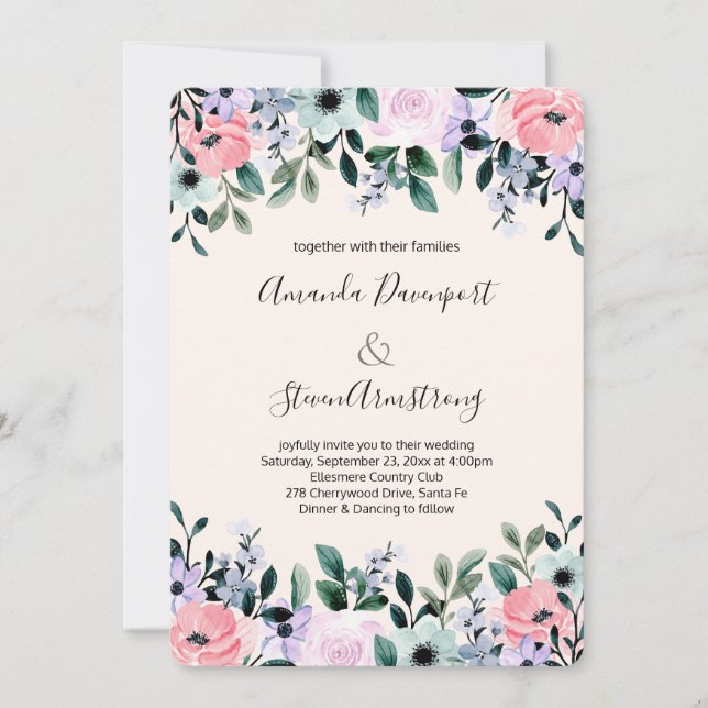 Invitation Mariage Bordure Florale Aquarelle Rose Violet Vert (Devant)