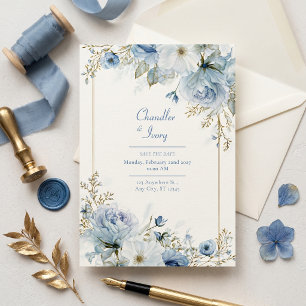 Invitation Mariage Bordure Rose Doré Aquarelle Bleu Ardoise