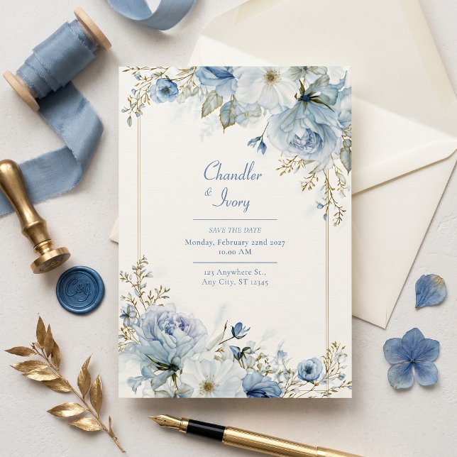 Invitation Mariage Bordure Rose Doré Aquarelle Bleu Ardoise (Créateur téléchargé)