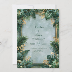 Invitation Mariage Bordure Tropicale Dorée Texturée Menthe