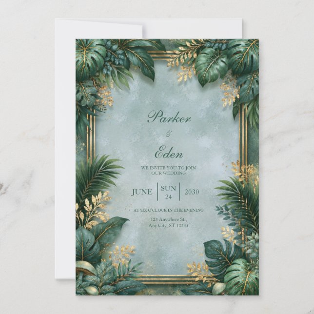 Invitation Mariage Bordure Tropicale Dorée Texturée Menthe (Devant)