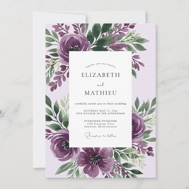 Invitation Mariage botanique à couper le souffle violet (Devant)