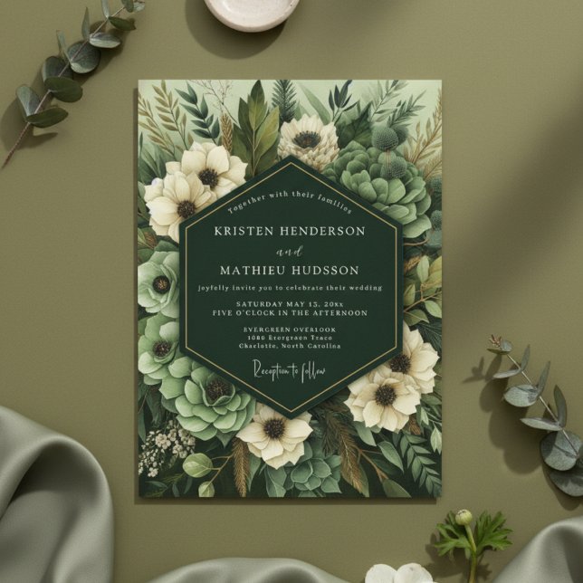 Invitation Mariage botanique à floraison verte émeraude (Créateur téléchargé)