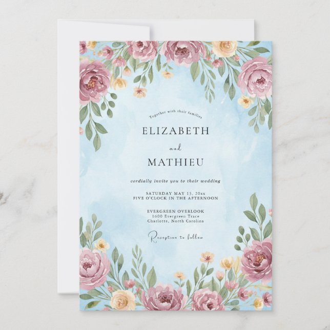 Invitation Mariage Botanique à la Fleur de Rose Poussiéreuse (Devant)
