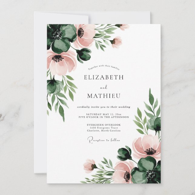 Invitation Mariage botanique à la rose poussiéreuse en fleurs (Devant)