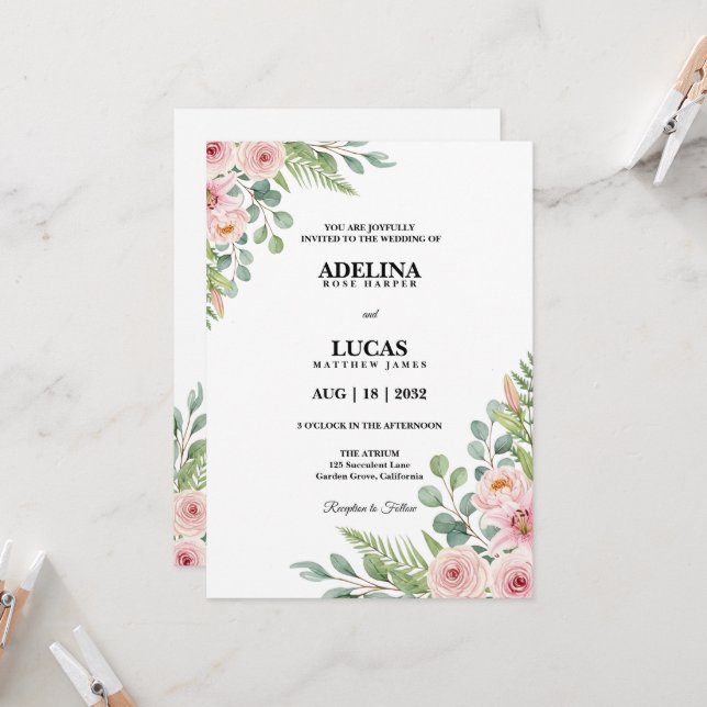 Invitation Mariage botanique à la rose romantique et au lys  (Devant/Arrière en situation)