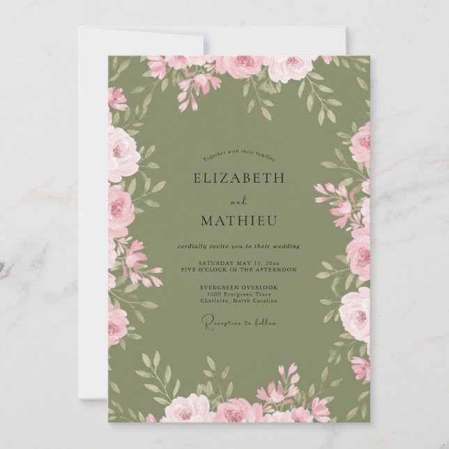 Invitation Mariage Botanique à l'Aquarelle de Rose Sauge (Devant)