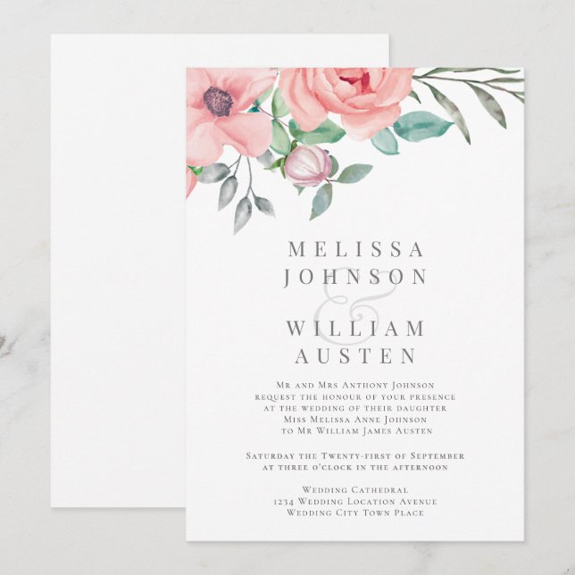 Invitation Mariage botanique à l'aquarelle florale rose pâle  (Devant / Derrière)