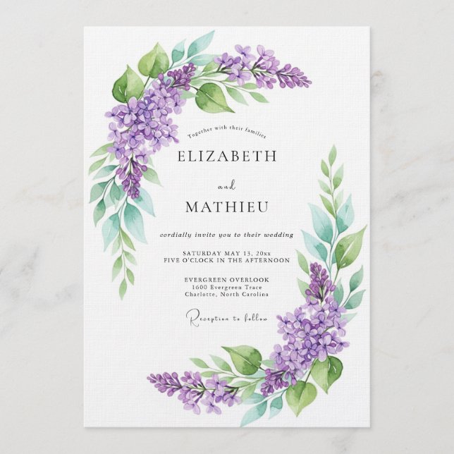 Invitation Mariage Botanique à l'aquarelle lavande (Devant)