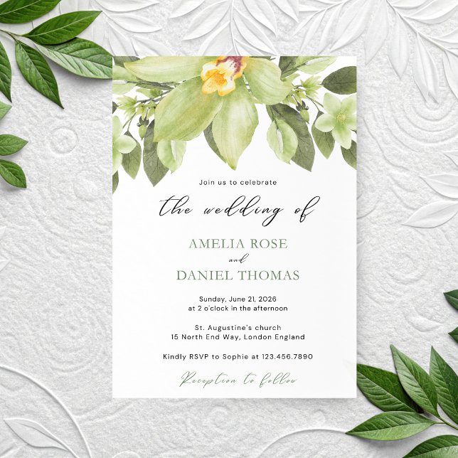 Invitation Mariage botanique à l'aquarelle Orchidée verte (Créateur téléchargé)