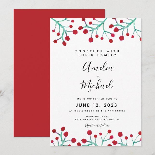 Invitation Mariage botanique à l'aquarelle rouge de baie de N (Devant / Derrière)