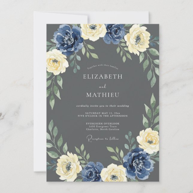 Invitation Mariage botanique à l'arche en crème de marine (Devant)