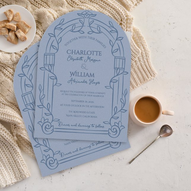 Invitation Mariage Botanique à l'Arche Ornée de Bleu Poussiér (Dusty Blue Ornate Arch Botanical Wedding Invitation | Elegant Garden Estate Wedding Invite)