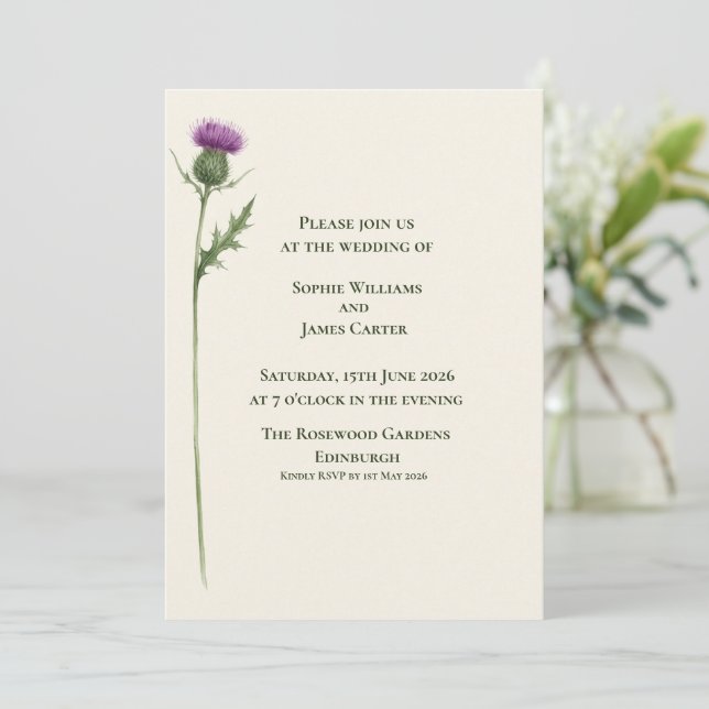 Invitation Mariage Botanique à l'Étincelle de Chardon Écossai (Debout devant)