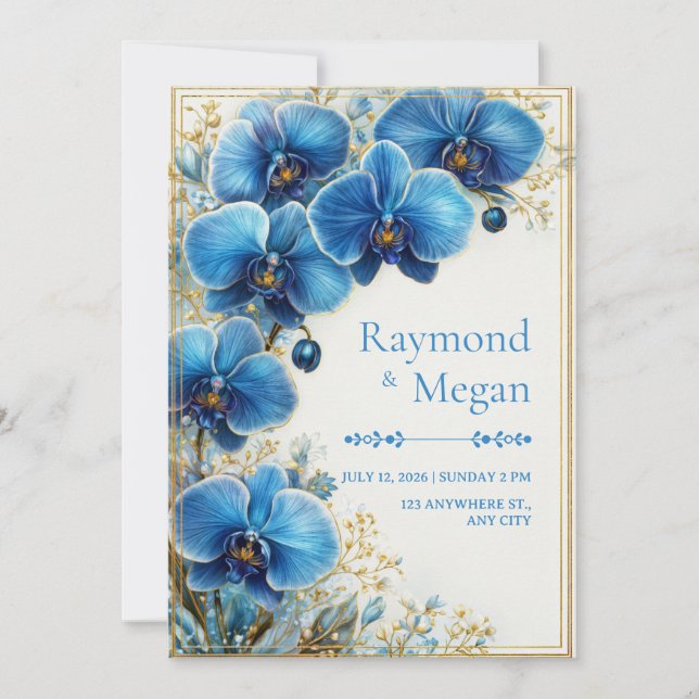 Invitation Mariage Botanique à l'Orchidée Bleu Cobalt Doré (Devant)