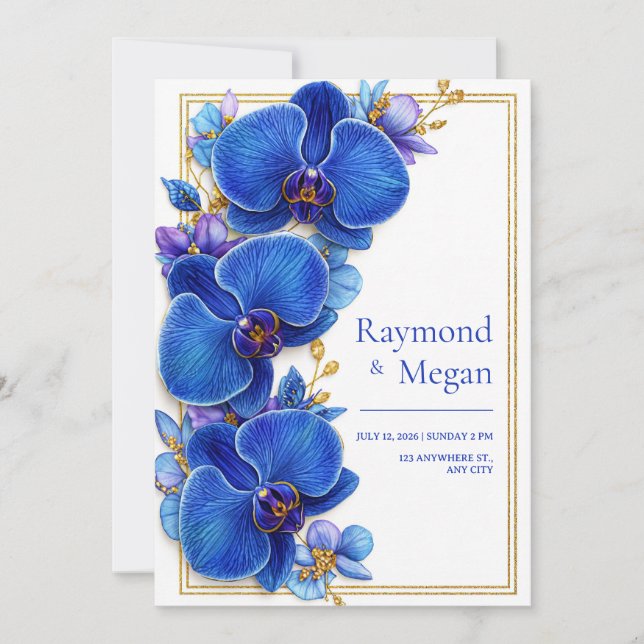 Invitation Mariage Botanique à l'Orchidée Bleu Royal Doré (Devant)