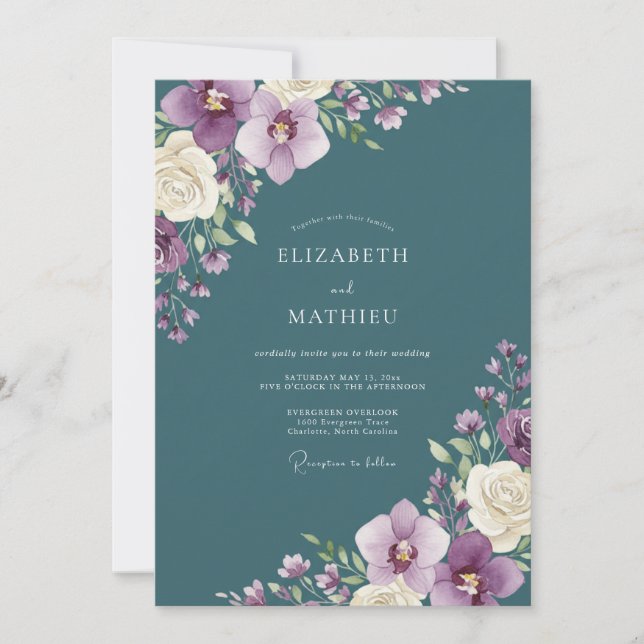 Invitation Mariage Botanique à l'Orchidée sarcelle (Devant)